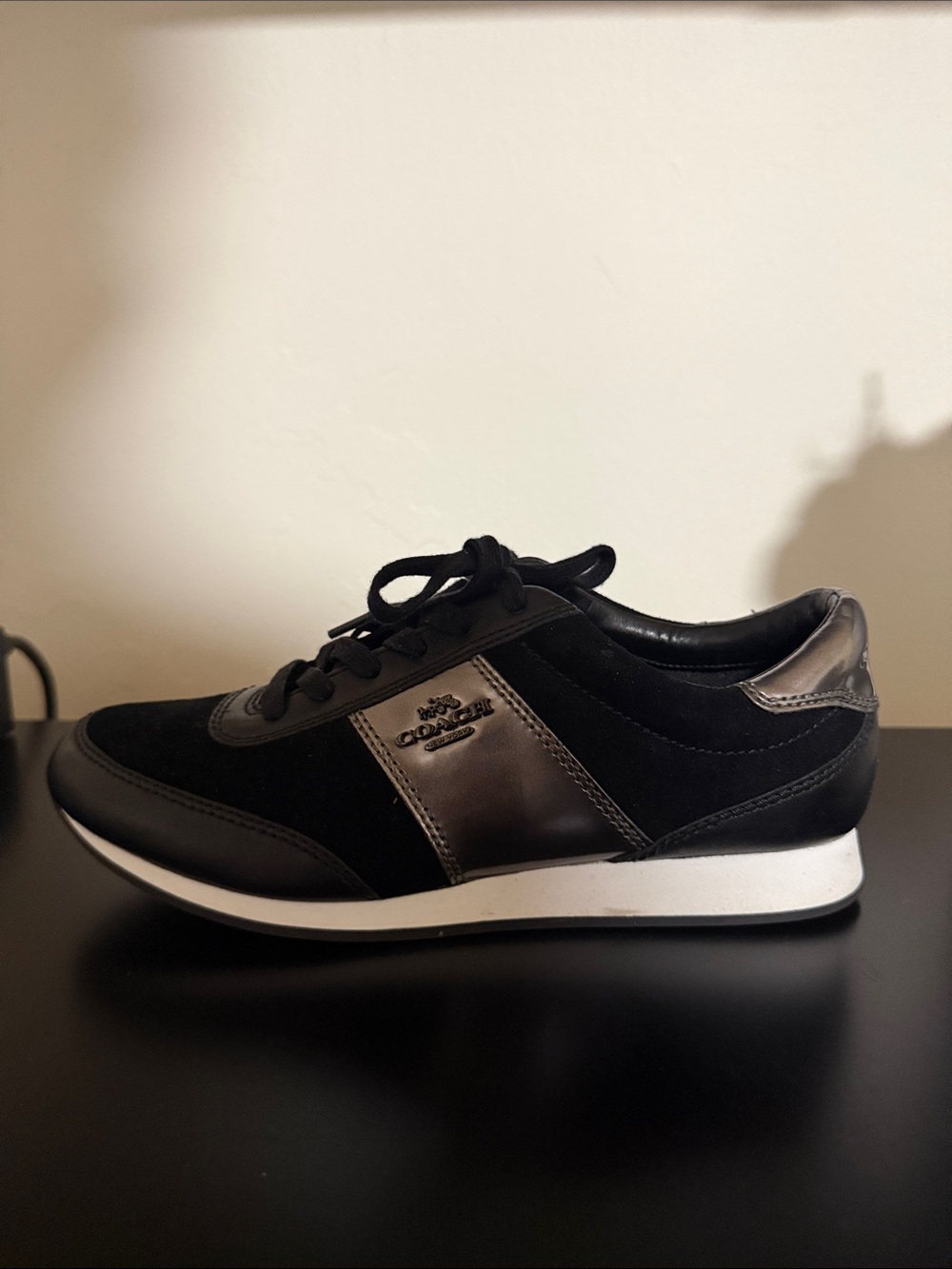 Coach Women's Black Sneaker with White Sole and Gunmetal Accents